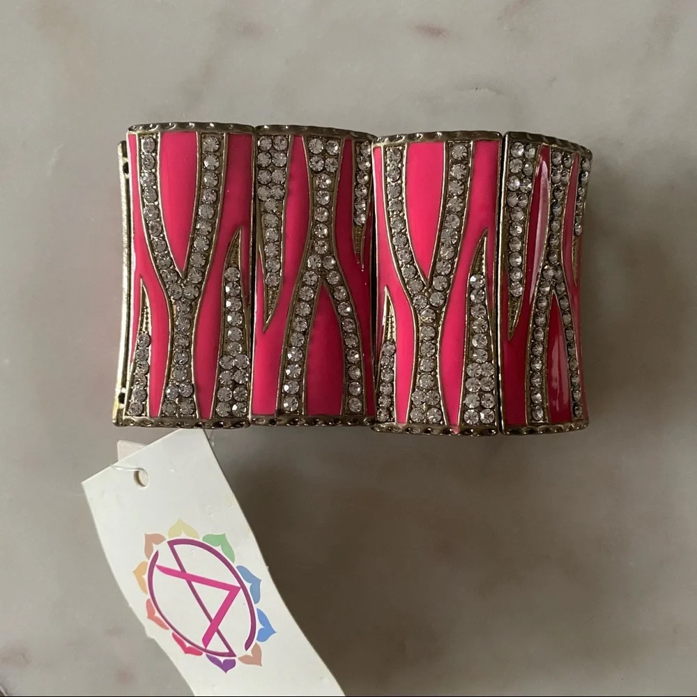 NWT Amrita Singh RENDEZVOUS Stretch Cuff BRACELET Fuschia/Gold/Crystal ZEBRA - Picture 5 of 6